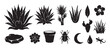 © Mr. Stocker - Black hand-drawn desert nature icon set with agave, aloe, cactus, a lizard, and a beetle in a rustic linocut artistic style illustration