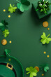 © ActionGP - Green vertical themed scene with shamrock clover and gift box for St Patrick day greeting and festive luck, capturing Irish charm and holiday mood