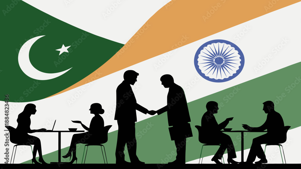 Business Cooperation and Diplomatic Relations between Pakistan and India with Handshake, Meeting Silhouettes, and National Flags Background