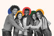 © Prostock-studio - A group of five friends stands together with hands stacked in the center. They are engaged in a collaborative activity. The background includes colorful circles.