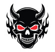 © Zullah - A devilish skull with red eyes and horns surrounded by flames on a white background