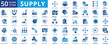 © Iconjam - Supply icon set flat containing management, inventory, fulfillment, stock control, forecasting, planning, procurement, logistic, demand, supplier, distribution, supply chain, raw material, product