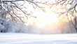 © リリ - 雪に覆われた静かな冬の風景と、やわらかな朝の光に照らされた枝。澄んだ空気と静寂を感じさせるナチュラルな冬背景。季節感のある広告、Webデザイン、年末年始や冬のイメージ素材として使いやすいフォトリアルな風景ビジュアル。
