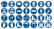 © Dieke - Set of blue circular icons representing various personal protective equipment and safety gear.