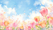 © umeno - 春の陽光の中、桜とチューリップが揺れる草原の風景。透明感あふれる水彩タッチで、動画やブログ、SNSにも使える美しい背景素材