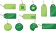 © Hello there - Green price tag label collection illustration with various shapes, eco friendly sale tags, blank gift labels, retail branding elements, clean flat vector design