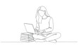 © shrabon2005 - Continuous one line drawing of a woman with laptop and books.