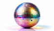© JulakhaAkter - A shiny disco ball with mosaic tiles, neon gradients, and abstract reflections viewed from a close-up perspective in a vibrant party environment
