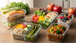 © BornHappy - Variety of nutritious prepared meals in glass bowls featuring fish chicken berries and fresh greens for diet