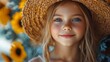 © Enggal Pitoyo - A girl with vibrant blue eyes smiles gently, wearing a straw hat. Sunflowers softly blur in the background