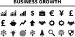 © Zaheer - Collection of solid black icons representing key concepts for business growth finance investment strategy development goals achievements and global commerce symbols for presentations and infographics