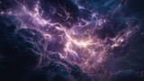 Dramatic dark night sky background with powerful purple lightning storm and heavy clouds representing electricity and force of nature