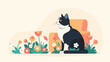 © Angga - A black and white cat sits by a bright orange couch amidst colorful flowers