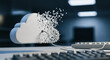 © CreativeIMGIdeas - Digital Cloud Data Dissolution and Loss Concept. 3D rendering of a connected cloud computing icon fragmenting into pixels, symbolizing data breach, security risk, or migration failure.