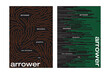 © KKK - modern abstract vector poster templates featuring dynamic arrow patterns. Brutalism inspired graphics with orange swirling flows and green linear directional lines, ideal for cover art, digital prints