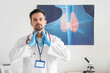 © Pixel-Shot - Male endocrinologist self-examining thyroid gland in clinic
