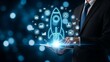© graphiczone872 - Businessman holding tablet with futuristic blue neon and rocket