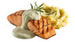 © MSTSHEWLI - Grilled salmon fillet with mashed potatoes and creamy dill sauce transparent background