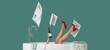 © Pixel-Shot - Woman with many newspapers and champagne lying in bathtub against color wall