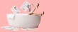 © Pixel-Shot - Many newspapers and young woman with shaving foam on legs lying in bathtub against pink background with space for text