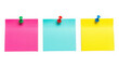 © Creative Fahim - Row of three colorful sticky notes in pink, blue, and yellow pinned with different pushpins on white. on transparent background, PNG