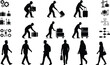 © Md - Silhouettes of luggage handlers moving suitcases and travelers walking with bags, workflow icons, airport baggage handling, logistics, travel and transportation concepts