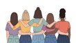 © Cealv - Bright digital illustration of five diverse women embracing shoulders from the back, symbolizing supportive sisterhood and empowerment.