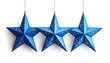 © MangoBay - Three hanging, blue, ornate star ornaments with intricate cut-out designs