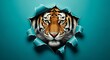 © Olee' Stock  - Tiger head paper tear illusion, solid vibrant color background, realistic facial expression