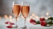 © MKS - The white surface displays two champagne flutes clinking, spilling sparkling wine and red rose petals