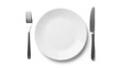 © Akash - Empty white plate with silver fork and knife isolated on white background