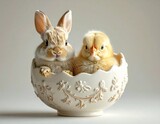  Małe, słodkie kurczątko i królik siedzący wewnątrz luksusowego porcelanowego naczynia w kształcie pisanki. Tło wielkanocne