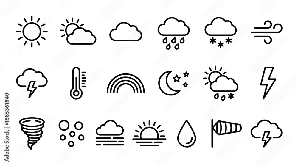 Weather forecast icons set including sun, cloud, rain, snow, and ...