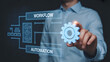 © ali - Businessman interacting with futuristic workflow automation interface featuring cogwheel and digital diagrams in a dark background environment with professional attire and modern technology