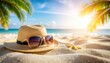 © MODERNARTWatChaRaWit - Relaxing beach scene with straw hat and sunglasses at sunset tropical ocean environment nature photography warm atmosphere calm viewpoint summer vibe for vacation planning