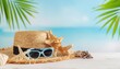 © MODERNARTWatChaRaWit - Relaxing summer beach scene with straw hat sunglasses and seashells coastal paradise decorative still life tropical ambiance vibrant colors ultimate summer vibes
