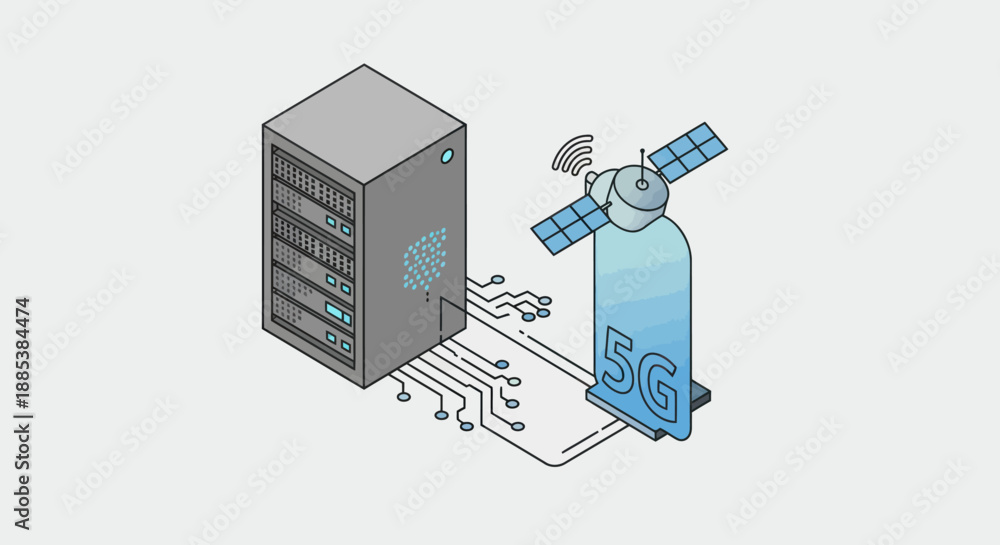 Isometric illustration of a server rack connected to a satellite ...