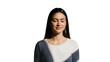 © Farhat - Serene young woman with eyes closed stands against a plain white background with soft light and subtle shadows on her face and clothing.