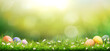 © Duncan Andison - Six painted easter eggs celebrating a Happy Easter on a spring day with a green grass meadow, bright sunlight and a warm colour background with copy space.