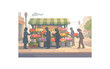 © Art Fusion - Flat vector background illustration of city sidewalk flower stand with simplified people silhouettes choosing bouquets silhouettes soft haze style clean 2D shapes no outlines minimal