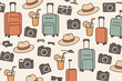 © Sasha - Travel vacation items vector seamless pattern suitcases hats cameras drinks.
