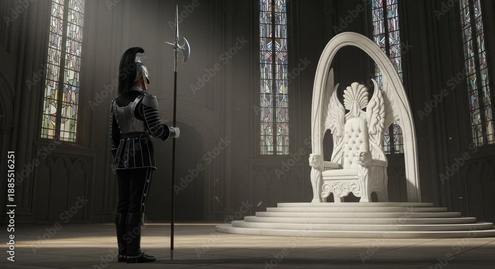 Knight Throne Knight Standing Before Majestic Throne in Grand Hall. Stock ...