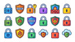 © Kla - Cybersecurity vector icon set. Colorful flat locks shields protection. Internet safety symbols. Firewall key cloud privacy. Digital security system. Tech guard secure badge design kit