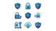 © Kla - Cybersecurity icon set. Digital protection and data safety symbols. Internet privacy shield and secure lock. Technology web guard. Network defense system. Firewall vector graphic sign.