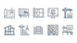 © Kla - Architecture construction icons. Blueprint, floor plan, 3D model, urban planning. Engineering design, cad drawing, architect project. Drafting tools. Outline vector symbol set.