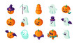 © Gab - Halloween icons set. Isometric 3d vector. Pumpkin jack o lantern. Spooky ghost. Trick or treat. October celebration. Autumn festival. Grim reaper. Bat wings. Carriage. Wizard hat.