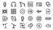 © Klr - Podcast and audio gear icons set. Minimal monoline outline symbols. Microphone, headphones, mixer, studio equipment. Broadcasting, recording, streaming. Linear interface elements.