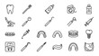 © Klr - Dental care thin line icons set. Vector oral hygiene symbols. Dentistry equipment. Tooth, toothbrush, implant, braces. Outline stroke style. Stomatology health concept. Linear art.