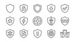 © Klr - Shield line icons set. Security protection defense symbols. Guard badge lock checkmark star sword castle fortress. Cyber safety privacy. Minimalist vector icon collection