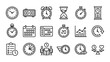 © Klr - Clock and time management line icons set. Business productivity. Hourglass stopwatch calendar alarm schedule deadline. Work life balance. Efficiency planning. Linear timepiece vector.